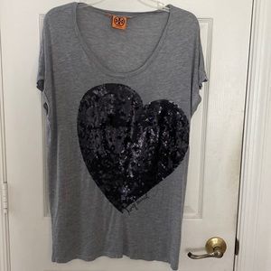 Gray t- shirt with large black sequined heart